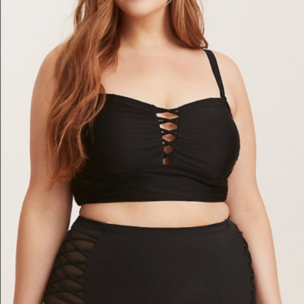 NWT Black Deep V lace up Bikini Swim Top